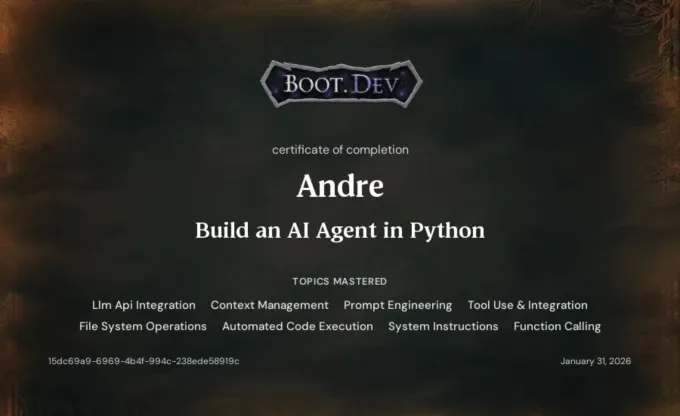 Boot.dev certificate of completion: Build an AI Agent in Python