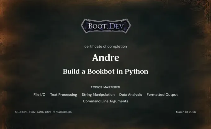 Boot.dev certificate of completion: Build a Bookbot in Python