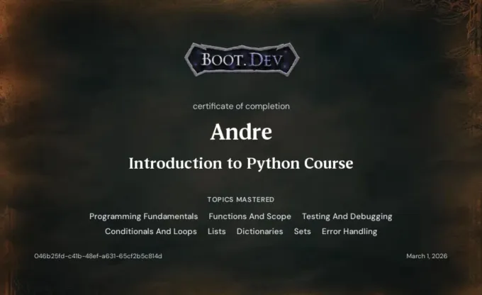 Boot.dev certificate of completion: Introduction to Python Course
