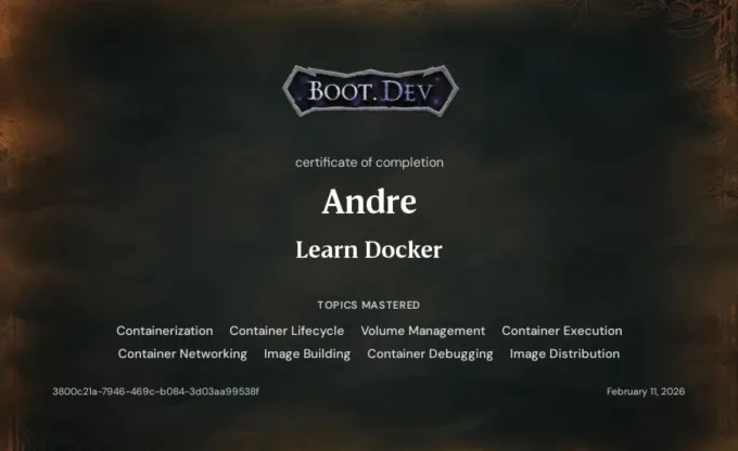 Boot.dev certificate of completion: Learn Docker