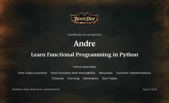 Boot.dev certificate of completion: Learn Functional Programming in Python