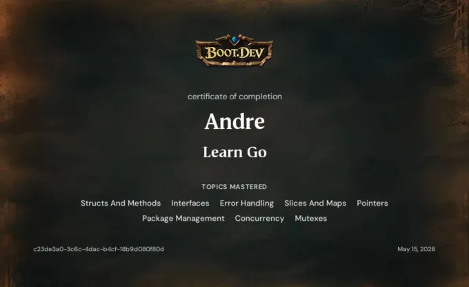 Boot.dev certificate of completion: Learn Go