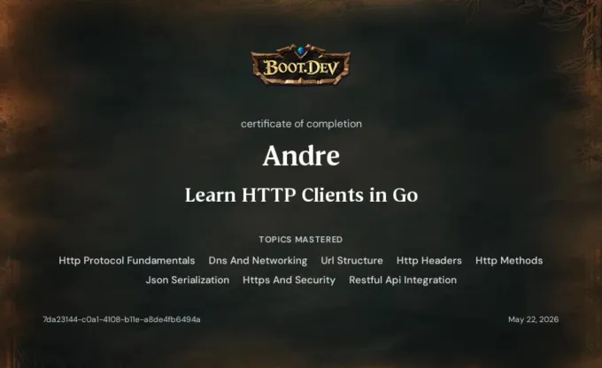 Boot.dev certificate of completion: Learn HTTP Clients in Go
