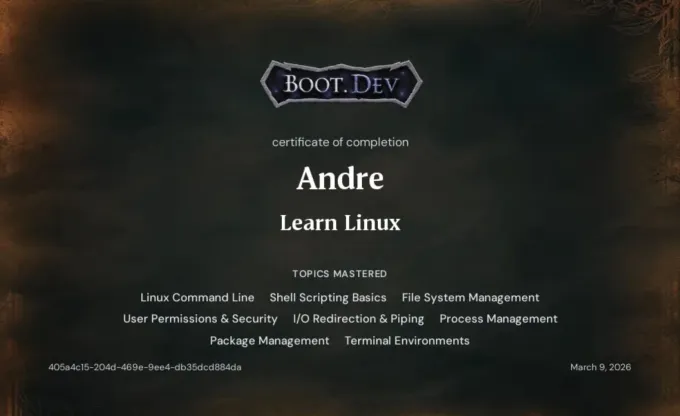Boot.dev certificate of completion: Learn Linux
