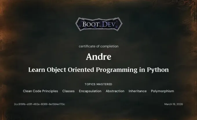Boot.dev certificate of completion: Learn Object Oriented Programming in Python