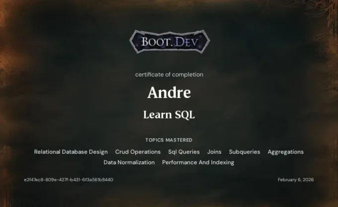 Boot.dev certificate of completion: Learn SQL