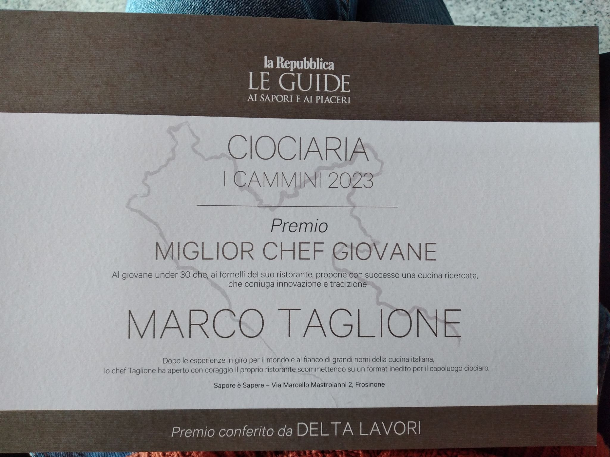 Premio Miglior Chef Giovane assegnato a Marco Taglione — Ciociaria I Cammini 2023